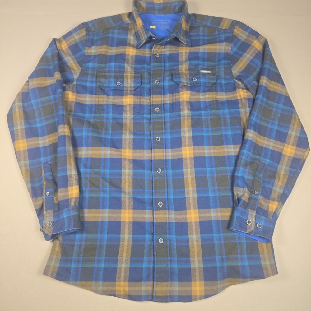 Eddie Bauer Shirt Mens size LT Blue Tan Plaid Classic Fit Button Front Pockets